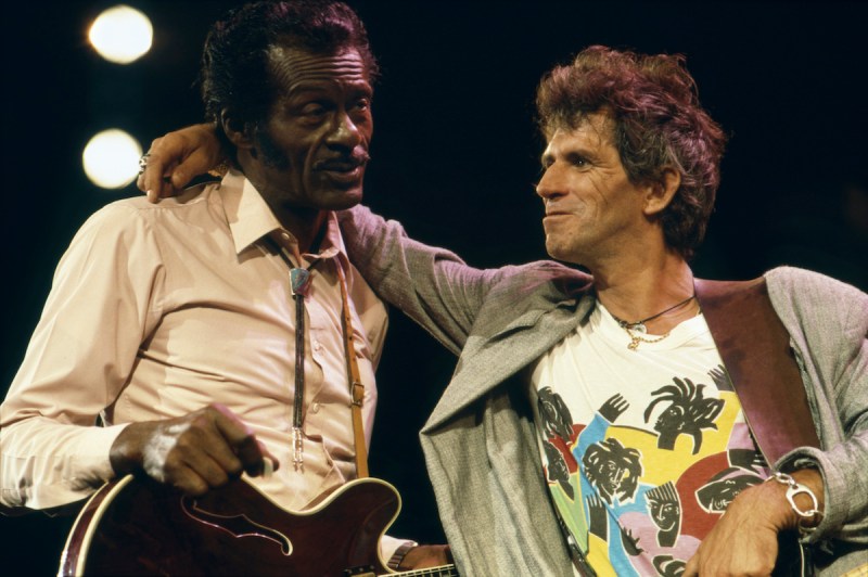 Chuck Berry with Keith Richards of The Rolling Stones at The Fox Threatre St Louis during filming of the documentary Hail Hail rock N Roll. (Photo by Terry O'Neill/Getty Images)