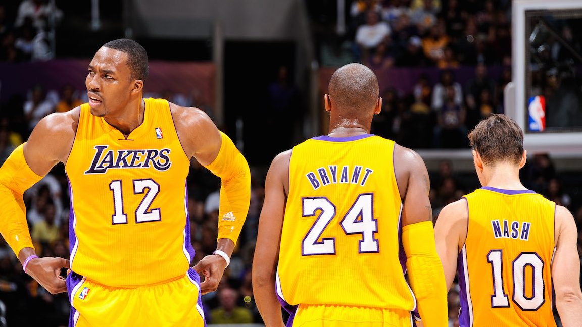 LOS ANGELES, CA - OCTOBER 21: Los Angeles Lakers players Dwight Howard #12, Kobe Bryant #24 and Steve Nash #10 what to resume action against the Sacramento Kings during a pre-season game at Staples Center on October 21, 2012 in Los Angeles, California. NOTE TO USER: User expressly acknowledges and agrees that, by downloading and/or using this photograph, user is consenting to the terms and conditions of the Getty Images License Agreement. Mandatory Copyright Notice: Copyright 2012 NBAE (Photo by Andrew D. Bernstein/NBAE via Getty Images)