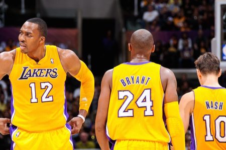 LOS ANGELES, CA - OCTOBER 21: Los Angeles Lakers players Dwight Howard #12, Kobe Bryant #24 and Steve Nash #10 what to resume action against the Sacramento Kings during a pre-season game at Staples Center on October 21, 2012 in Los Angeles, California. NOTE TO USER: User expressly acknowledges and agrees that, by downloading and/or using this photograph, user is consenting to the terms and conditions of the Getty Images License Agreement. Mandatory Copyright Notice: Copyright 2012 NBAE (Photo by Andrew D. Bernstein/NBAE via Getty Images)