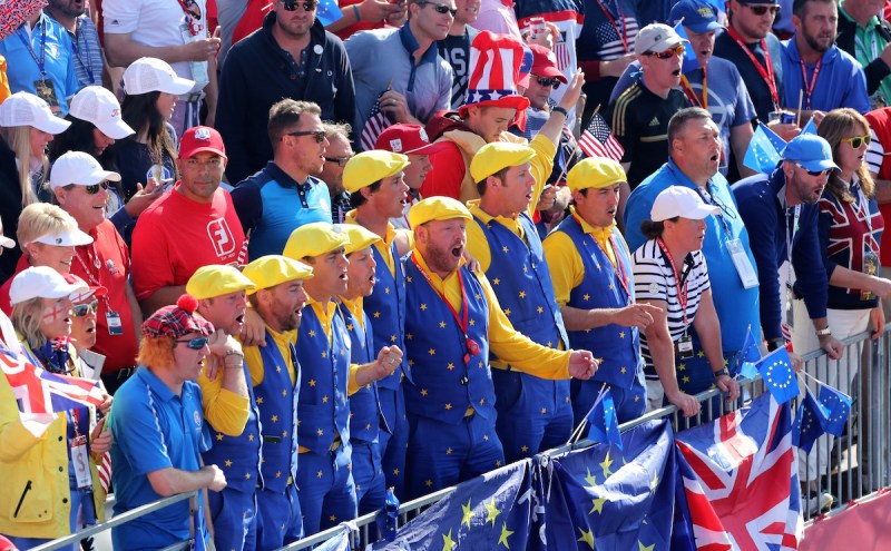 CHASKA, MN - OCTOBER 02: European fans look on from the first tee during singles matches of the 2016 Ryder Cup at Hazeltine National Golf Club on October 2, 2016 in Chaska, Minnesota. (Photo by David Cannon/Getty Images)