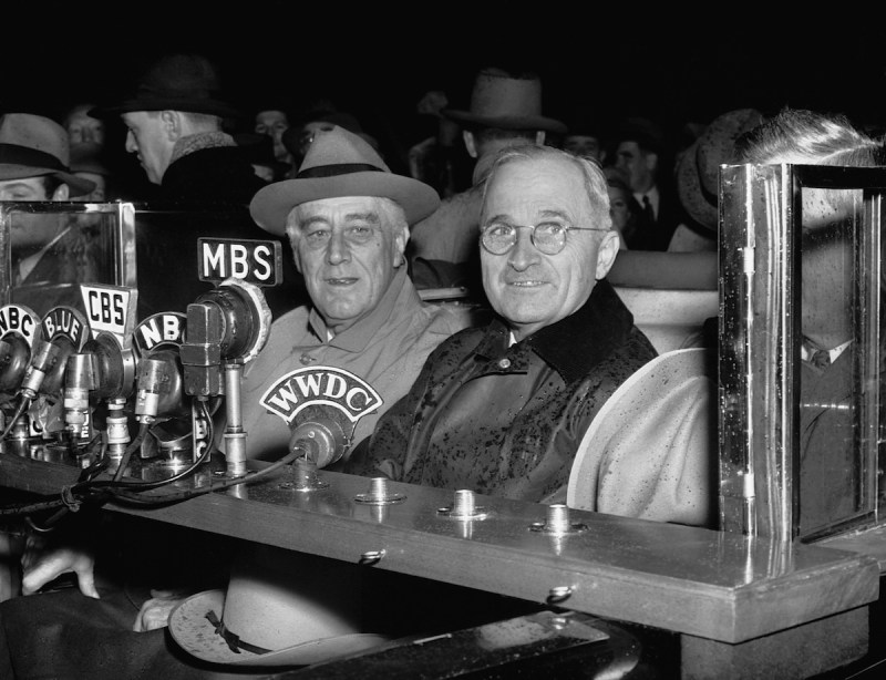 11/10/1944-Washington, DC: Photo shows President Roosevelt as he made a short radio talk upon his arrival "home" in Washington. Photo shows left to right--President Roosevelt, Vice President-elect Harry S. Truman, and Vice President Henry A. Walleco.