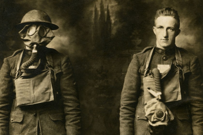 Fred Hamann poses in a unique double exposure photo showing a pair of "front line" poses. Fred is wearing his gas mask and helmet on the left and appears relaxed in the image to the right. This photo was taken when he returned home in January of 1919. (Brennan C Gauthier Collection/Getty Images)