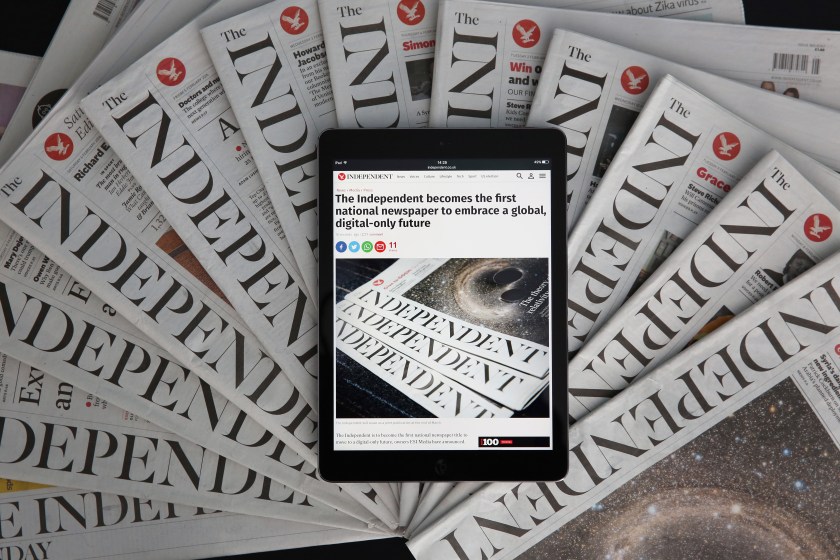 LONDON, ENGLAND - FEBRUARY 12: In this photo illustration is an iPad displaying The Independent's online platform above a selection of The Independent newspapers on February 12, 2016 in London, United Kingdom. The British newspaper 'The Independent' which has been in circulation since 1986, will move to a 'digital only' platform from March 26, 2016, the owners ESI Media said in a statement today. (Photo by Dan Kitwood/Getty Images)