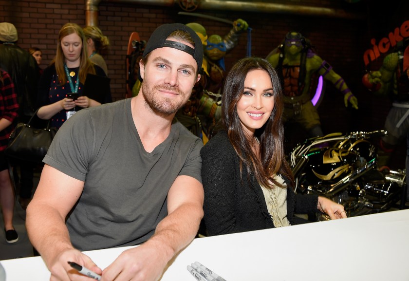 Actors Stephen Amell (L) and Megan Fox attend an autograph signing at WonderCon 2016 to promote the upcoming release of Paramount Pictures' Teenage Mutant Ninja Turtles: Out of The Shadows, on March 25, 2016 at the LA Convention Center in Los Angeles, California. (Frazer Harrison/Getty Images)