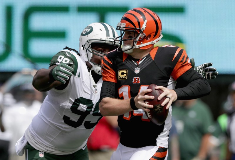 Steve McLendon #99 of the New York Jets sacks Andy Dalton #14 of the Cincinnati Bengals during their game at MetLife Stadium on September 11, 2016 in East Rutherford, New Jersey. (Streeter Lecka/Getty Images)