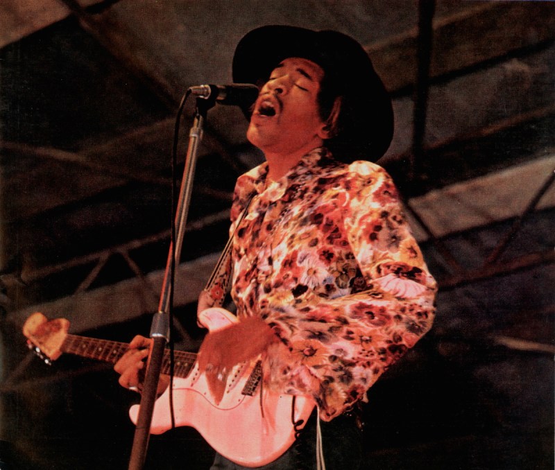 Jimi Hendrix performs on stage at Woburn Pop Festival, Woburn Abbey, UK, August 1968. (Photo by Michael Putland/Getty Images)