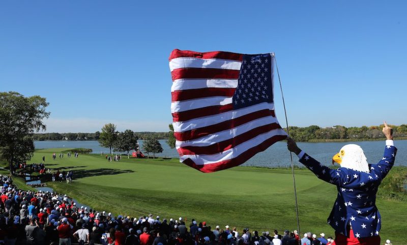 CHASKA, MN - SEPTEMBER 30: A fan wearing an eagle mask cheers during afternoon fourball matches of the 2016 Ryder Cup at Hazeltine National Golf Club on September 30, 2016 in Chaska, Minnesota. (Photo by David Cannon/Getty Images)