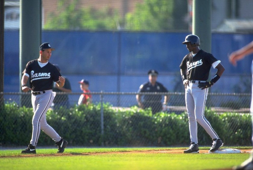 Birmingham Barons Michael Jordan (45) on 3rd base with manager Terry Francona during game at Hoover Metropolitan Stadium. (Patrick Murphy-Racey /Sports Illustrated/Getty Images)