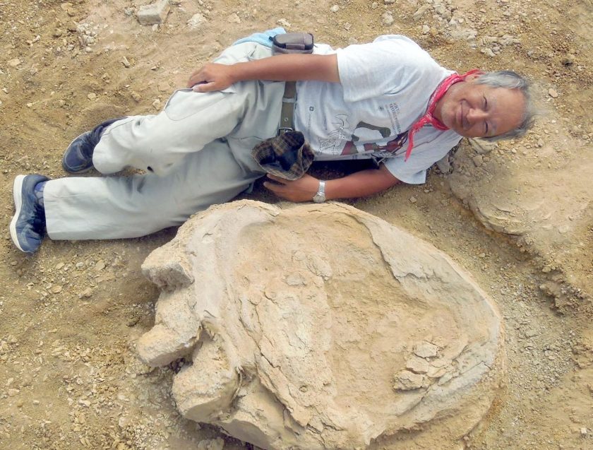Professor Shinobu Ishigaki lies next to a dinosaur print in the Gobi Desert.(Courtesy of Shinobu Ishigaki/Okayama University of Science)