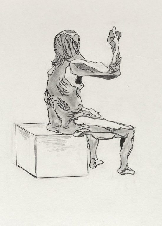 Mauricio Rodriguez, Untitled (Seated pose), from Iggy Pop Life Class, 2016. Graphite pencil with erasing on paper. Brooklyn Museum Collection. (Sarah DeSantis/Brooklyn Museum)