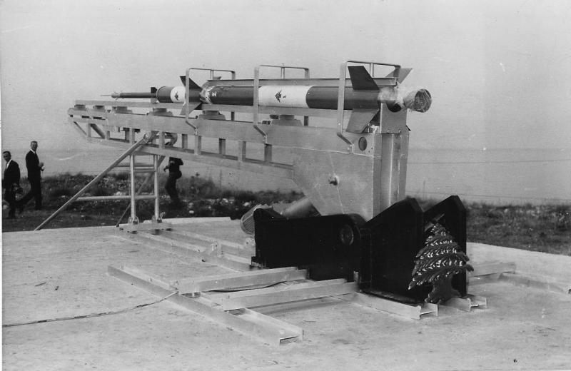Cedar 4, a 3-stage rocket with a range over 150 miles, c. 1964 ((Manoug Manougian)