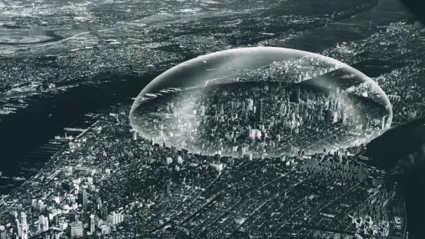 R. Buckminster Fuller's Dome Over Manhhattan, proposed in July 1950, was a two-mile-diameter glass bubble centered over 42nd street.