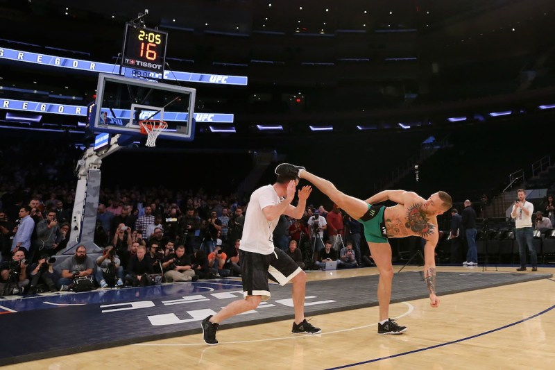 NEW YORK, NY - NOVEMBER 09: UFC Featherweight Champion Conor McGregor takes part in UFC 205 Open Workouts at Madison Square Garden on November 9, 2016 in New York City. (Photo by Michael Reaves/Getty Images)