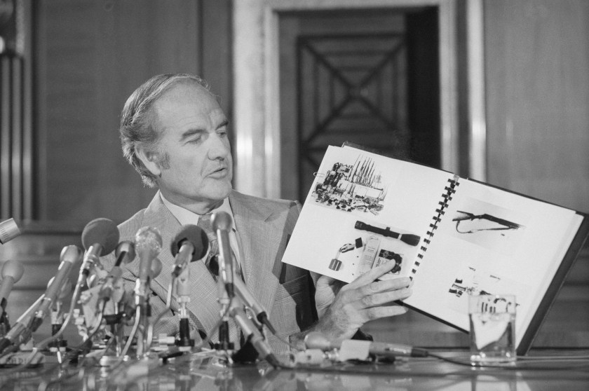 Senator George McGovern, (D-S.D.), is shown holding part of the material sent to him by Cuban Premier Fidel Castro, as he tells a news conference the material contains documentations on 24 alleged attempts by the CIA to assassinate the Cuban leader and some of his associates. Castro forwarded the materials following the Senator's visit to Cuba in May. (Bettmann/Contributor/Getty Images)
