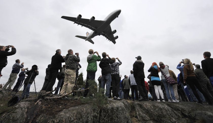 People watch a Lufthansa Airbus-380, the world's largest airliner with a capacity of 526 passengers, at the Helsinki-Vantaa Airport, on September 15, 2010. (Jussi Nukari/AFP/Getty Images)