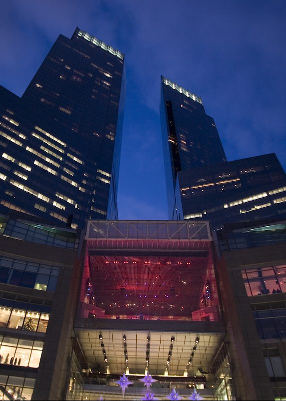 The New Time Warner Center at Columbus Circle. Designed by David Childs of Skidmore, Owings & Merrill, the building opened in 2004. Comprised of two towers, the center houses a upscale shopping mall, a Whole foods supermarket, the world headquarters of Time Warner, the Jazz at Lincoln Center theater and a Mandarin Oriental Hotel. (Photo by James Leynse/Corbis via Getty Images)