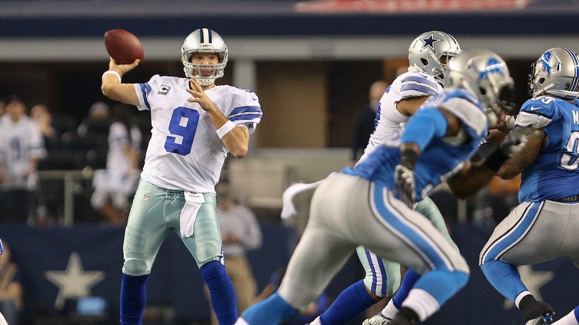 04 JAN 2015: Dallas Cowboys quarterback Tony Romo (9) during the NFC Wild-Card game between the Detroit Lions and the Dallas Cowboys at AT&T Stadium in Arlington, TX. Dallas defeats Detroit 24-20. (Photo by Andrew Dieb/Icon Sportswire/Corbis via Getty Images)