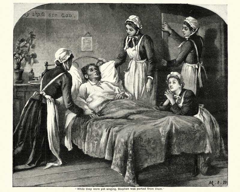 Vintage engraving of Victorian nurses caring for a dying man suffering from Tuberculosis