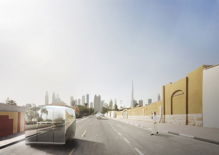 View of the autonomous transporter, which carries a pod holding passengers and delivers them right to their final stop (Bjarke Ingels Group/ Hyperloop One)