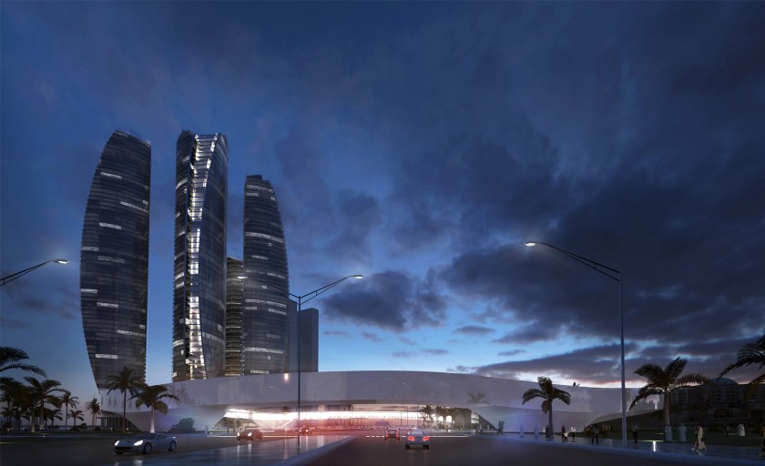 Etihad Towers Hyperportal, View from East, Abu Dhabi (Bjarke Ingels Group/ Hyperloop One)