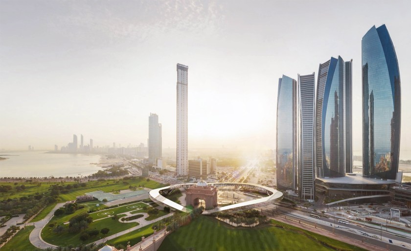 Etihad Towers Hyperportal, Aerial View, Abu Dhabi (Bjarke Ingels Group/ Hyperloop One)