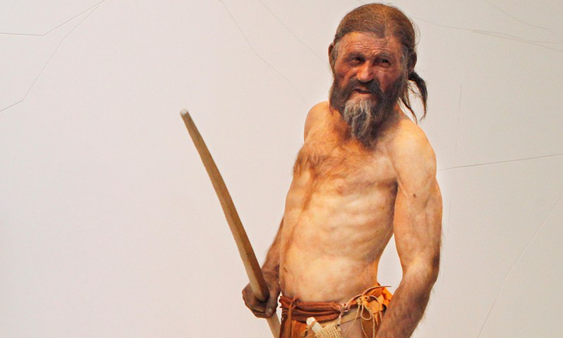 Dutch artist Adrie Kennis (L) and Alfons Kennis, the two artists who made the reconstruction of a mummy of an iceman named Otzi, discovered on 1991 in the Italian Schnal Valley glacier, pose near the statue displayed at the Archaeological Museum of Bolzano on February 28, 2011 during an official presentation. Based on three-dimensional images of the mummy's skeleton as well as the latest forensic technology, a new model of the living Oetzi has been created by Dutch experts Alfons and Adrie Kennis. AFP PHOTO / Andrea Solero (Photo credit should read Andrea Solero/AFP/Getty Images)