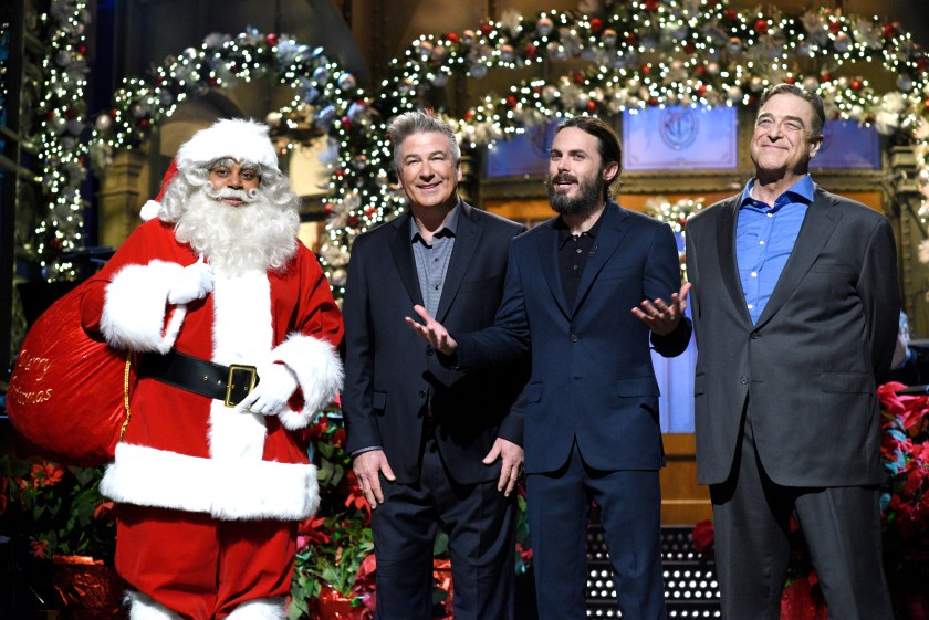 Kenan Thompson as Black Santa Claus, Alec Baldwin, host Casey Affleck, and John Goodman during the monologue on December 17, 2016 (Will Heath/NBC/NBCU Photo Bank via Getty Images)