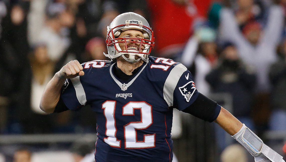 FOXBORO, MA - JANUARY 22: Tom Brady #12 of the New England Patriots reacts against the Pittsburgh Steelers during the third quarter in the AFC Championship Game at Gillette Stadium on January 22, 2017 in Foxboro, Massachusetts.  (Photo by Jim Rogash/Getty Images)