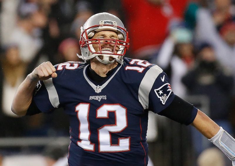 FOXBORO, MA - JANUARY 22: Tom Brady #12 of the New England Patriots reacts against the Pittsburgh Steelers during the third quarter in the AFC Championship Game at Gillette Stadium on January 22, 2017 in Foxboro, Massachusetts. (Photo by Jim Rogash/Getty Images)