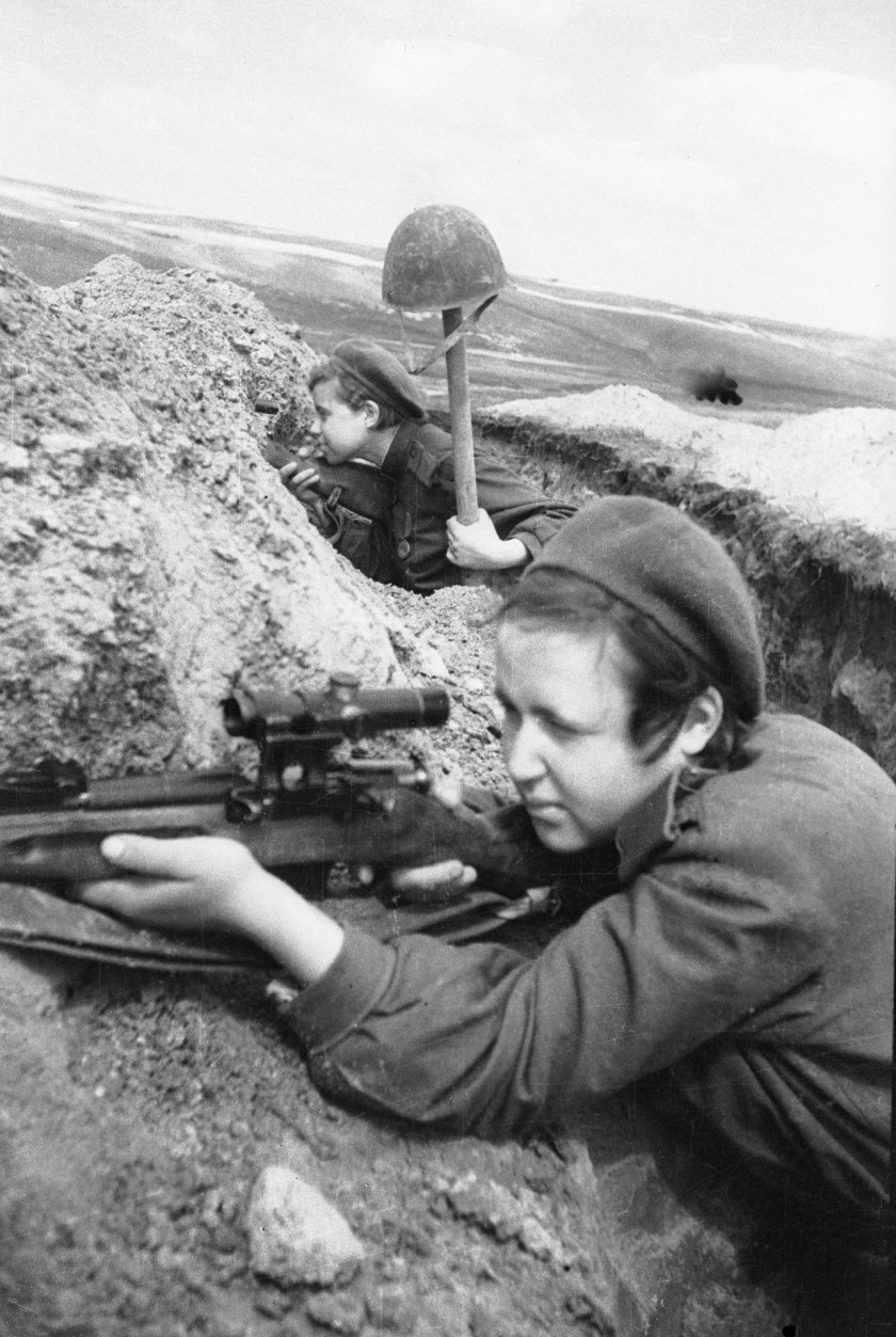 The Red Army Soviet snipers shooting from a trench in 1943. (Ozerksy/AFP/Getty Images)