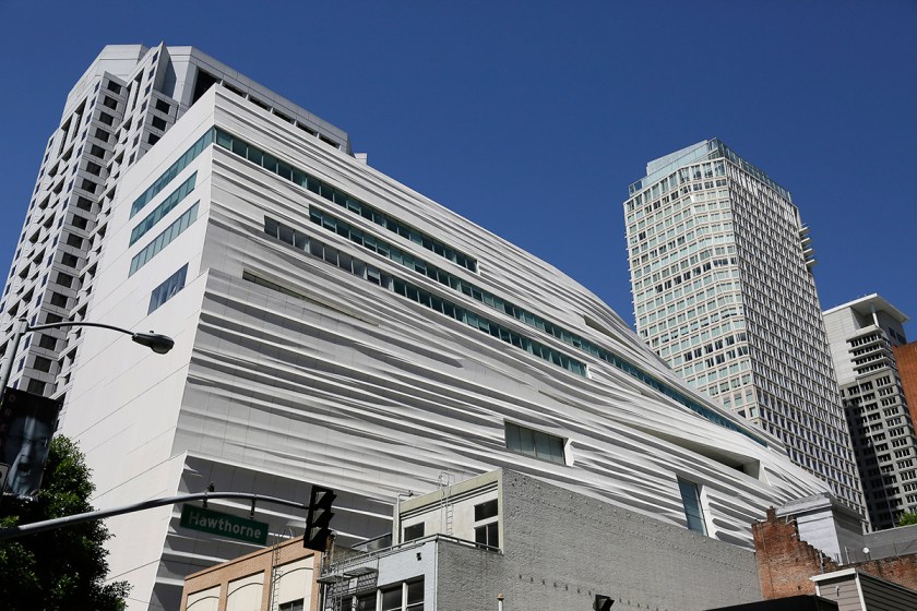 Shown is an exterior view of the newly expanded San Francisco Museum of Modern Art Thursday, April 28, 2016, in San Francisco. Designed in partnership with architecture firm Snøhetta, the expansion will more than double the museum's exhibition space. The museum opens on May 14. (AP Photo/Eric Risberg)