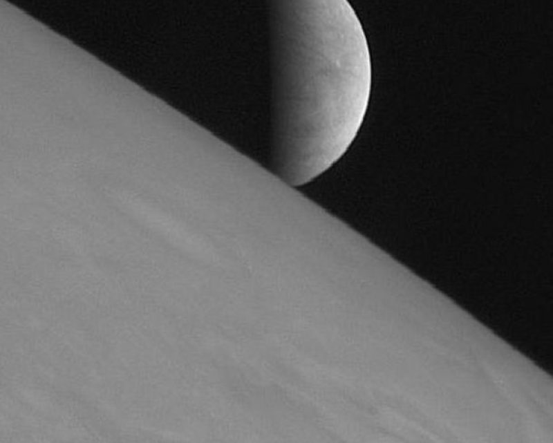The icy moon Europa rising above Jupiter's cloud tops (NASA/Johns Hopkins University Applied Physics Laboratory/Southwest Research Institute)