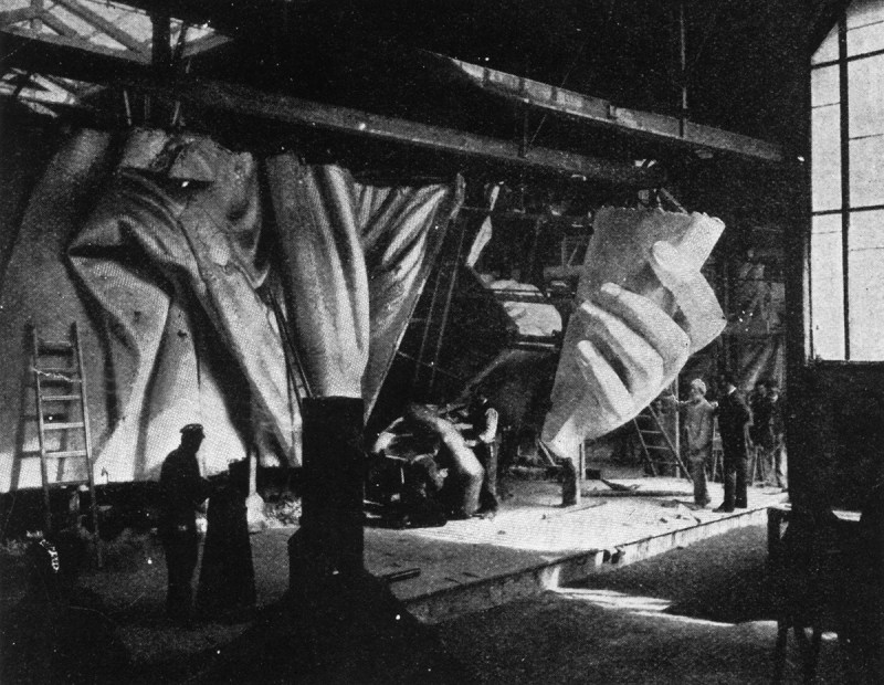 circa 1884: The left hand of the Statue of Liberty under construction. Sixty men have worked for almost ten years on the various parts of the statue, not including its designer Frederic Bartholdi and his assistants. Original Publication: From The Strand Magazine. (Photo by Hulton Archive/Getty Images)