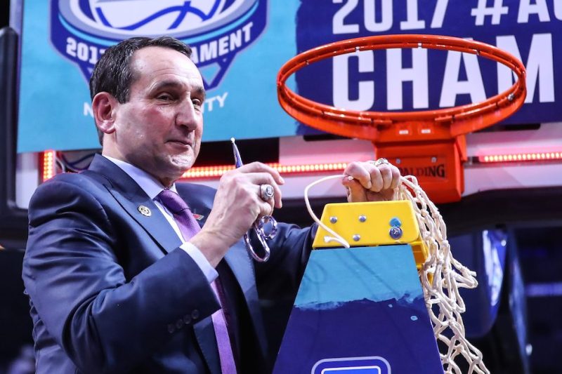 BROOKLYN, NY - MARCH 11: Duke Blue Devils head coach Mike Krzyzewski cuts the net after winning the 2017 New York Life ACC Tournament Final round game between the Notre Dame Fighting Irish and the Duke Blue Devils on March 11, 2017, at the Barclays Center in Brooklyn,NY. (Photo by Rich Graessle/Icon Sportswire via Getty Images)