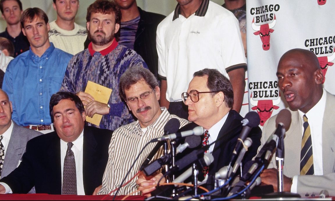 DEERFIELD, IL - OCTOBER 6:  Michael Jordan #23 of the Chicago Bulls speaks to the media during his Retirement Press Conference on October 6, 1993 at the Chicago Bulls Practice Facility in in Deerfield, Illinois.  NOTE TO USER: User expressly acknowledges and agrees that, by downloading and or using this photograph, User is consenting to the terms and conditions of the Getty Images License Agreement. Mandatory Copyright Notice: Copyright 1988 NBAE (Photo by Lou Capozzola/NBAE via Getty Images)