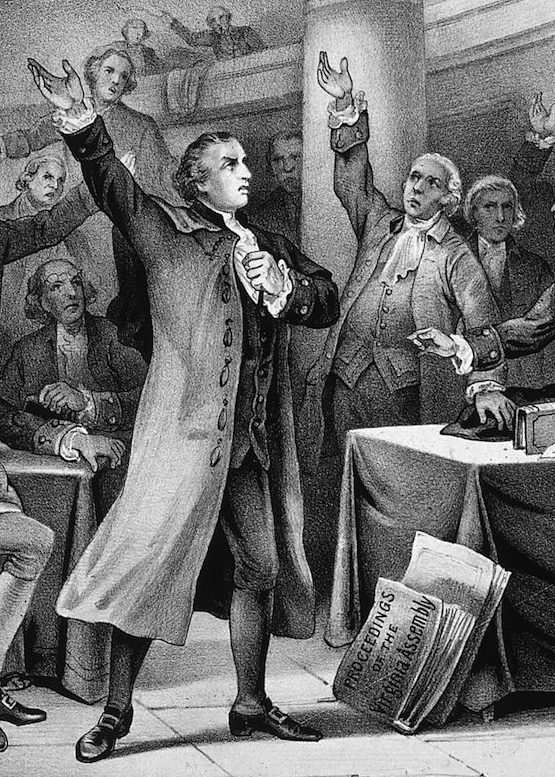 1775:  American statesman Patrick Henry (1736 - 1799) delivers his patriotic 'give me liberty, or give me death' speech before the Virginia Assembly. Original Artwork: Printed by Currier & Ives.  (Photo by MPI/Getty Images)
