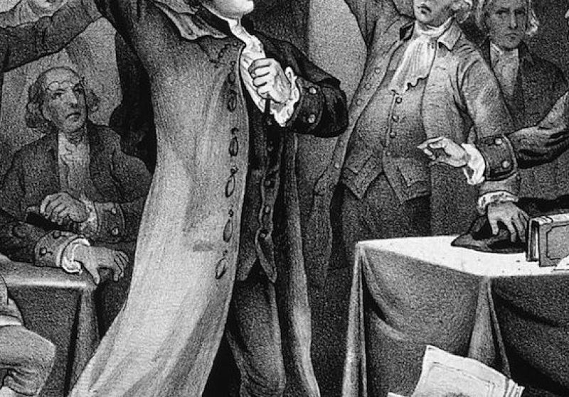 1775: American statesman Patrick Henry (1736 - 1799) delivers his patriotic 'give me liberty, or give me death' speech before the Virginia Assembly. Original Artwork: Printed by Currier & Ives. (Photo by MPI/Getty Images)