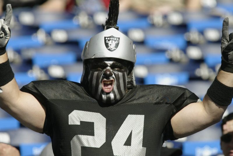 SAN DIEGO - JANUARY 26: A fan of Charles Woodson #24 and the Oakland Raiders cheers before the Super Bowl XXXVII against the Tampa Bay Buccaneers at Qualcomm Stadium on January 26, 2003 in San Diego, California. The Buccaneers won 48-21. (Photo by Donald Miralle/Getty Images)