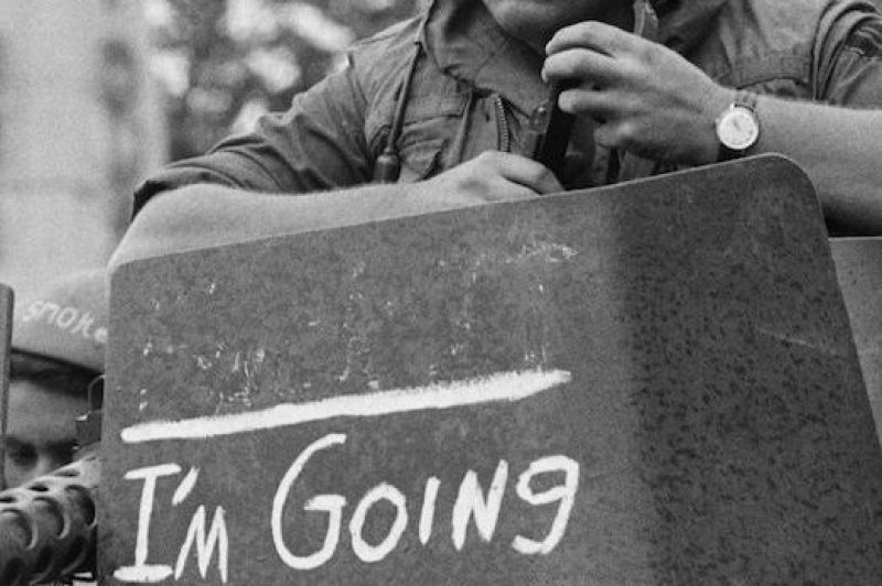 (Original Caption) 9/30/71-Tay Ninh, S. Vietnam: Phrase on gun mount protective shield probably accurately expresses thoughts of GI tank crew member as elements of US armored units move back into combat base, Sept. 30th, recently turned over to Vietnamese forces. In Washington, Sept. 30th, unknowingly-- apparently sympathetic to this GI's wishes, the US Senate, in a second rebuff of Pres. Nixon's Vietnam policies, voted for a total US withdrawal from Indochina by Spring, 1972.