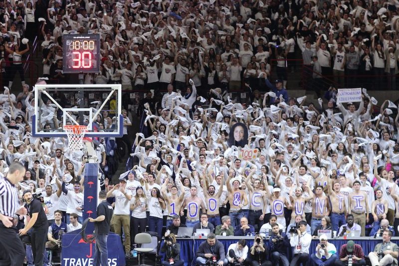 STORRS, CONNECTICUT- FEBRUARY 13: UConn fans cheering on their team as the go for their one hundredth consecutive win during the UConn Huskies Vs South Carolina Gamecocks NCAA Women's Basketball game at Gampel Pavilion, on February 13th, 2017 in Storrs, Connecticut. (Photo by Tim Clayton/Corbis via Getty Images)