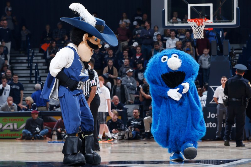CINCINNATI, OH - DECEMBER 19: Xavier Musketeers mascots D'Artagnan the Musketeer and The Blue Blob perform during the game against the Auburn Tigers at Cintas Center on December 19, 2015 in Cincinnati, Ohio. Xavier defeated Auburn 85-61. (Photo by Joe Robbins/Getty Images)
