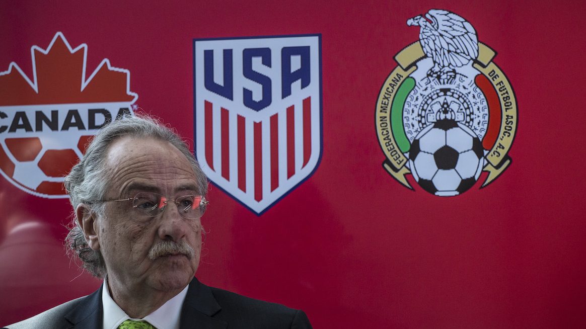 Decio de Maria President of the Mexican Football Federatio attends a press conference announcing the next soccer 2026 World Cup in North America on April 10, 2017 at the One World Trade Center in New York.
The United States, Mexico and Canada announced a joint bid to stage the 2026 World Cup on Monday, aiming to become the first three-way co-hosts in the history of FIFA's showpiece tournament.  / AFP PHOTO / KENA BETANCUR        (Photo credit should read KENA BETANCUR/AFP/Getty Images)