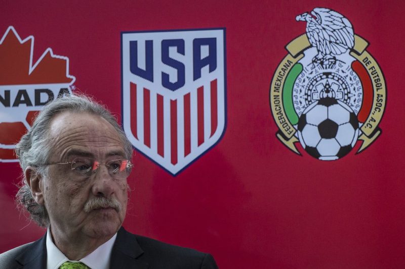 Decio de Maria President of the Mexican Football Federatio attends a press conference announcing the next soccer 2026 World Cup in North America on April 10, 2017 at the One World Trade Center in New York. The United States, Mexico and Canada announced a joint bid to stage the 2026 World Cup on Monday, aiming to become the first three-way co-hosts in the history of FIFA's showpiece tournament. / AFP PHOTO / KENA BETANCUR (Photo credit should read KENA BETANCUR/AFP/Getty Images)