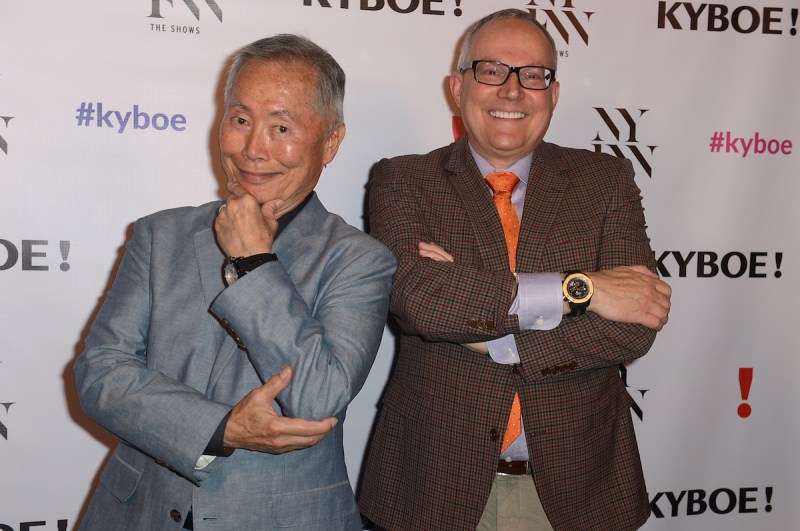 NEW YORK, NY - SEPTEMBER 10: George Takei and Brad Takei pose backstage at the KYBOE! fashion show during New York Fashion Week: The Shows at The Arc, Skylight at Moynihan Station on September 10, 2016 in New York City. (Photo by Gustavo Caballero/Getty Images for Kyboe!)