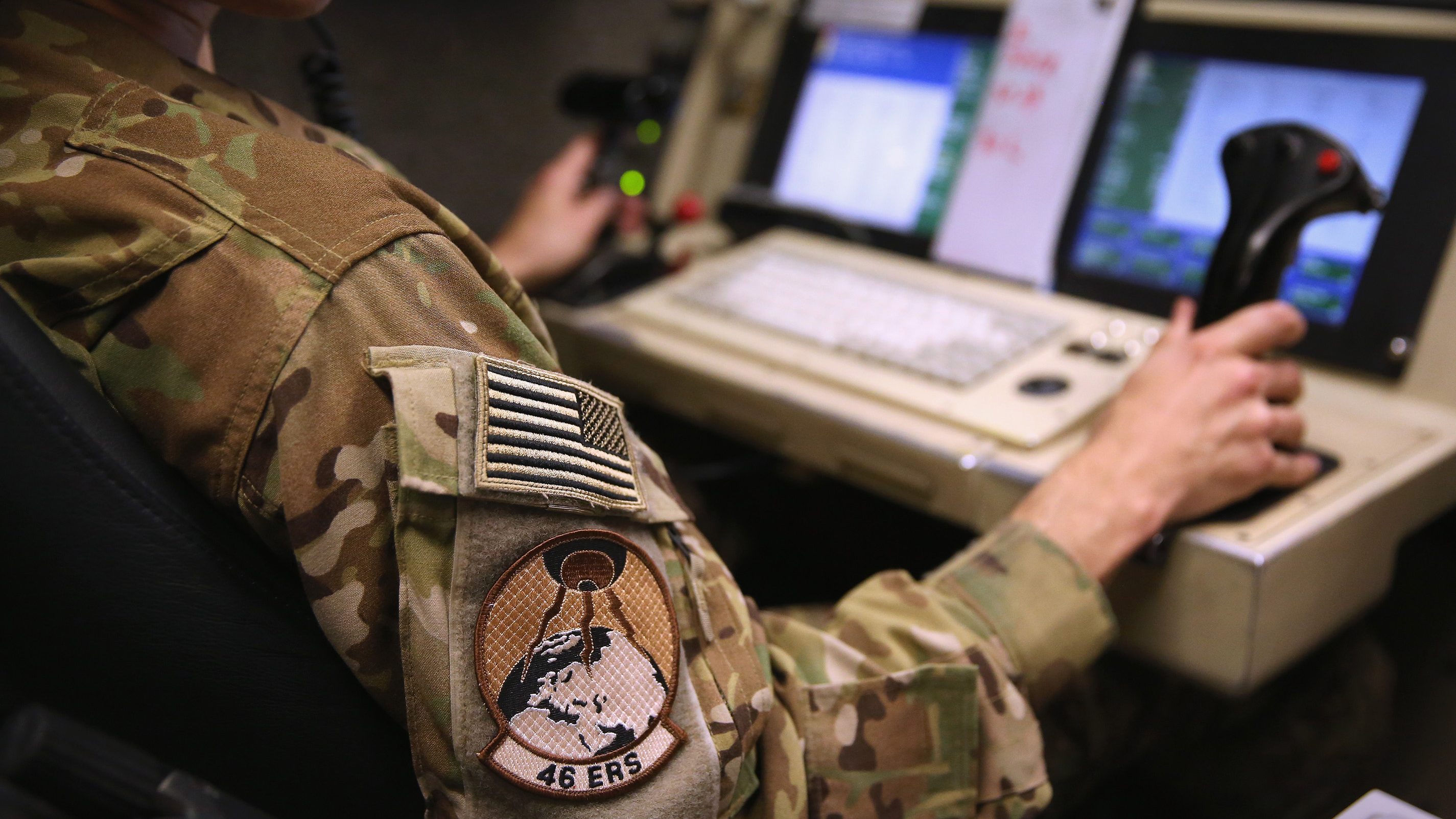  A pilot prepares to launch a U.S. Air Force MQ-1B Predator unmanned aerial vehicle (UAV), from a ground control station at a secret air base in the Persian Gulf region on January 7, 2016. (John Moore/Getty Images)