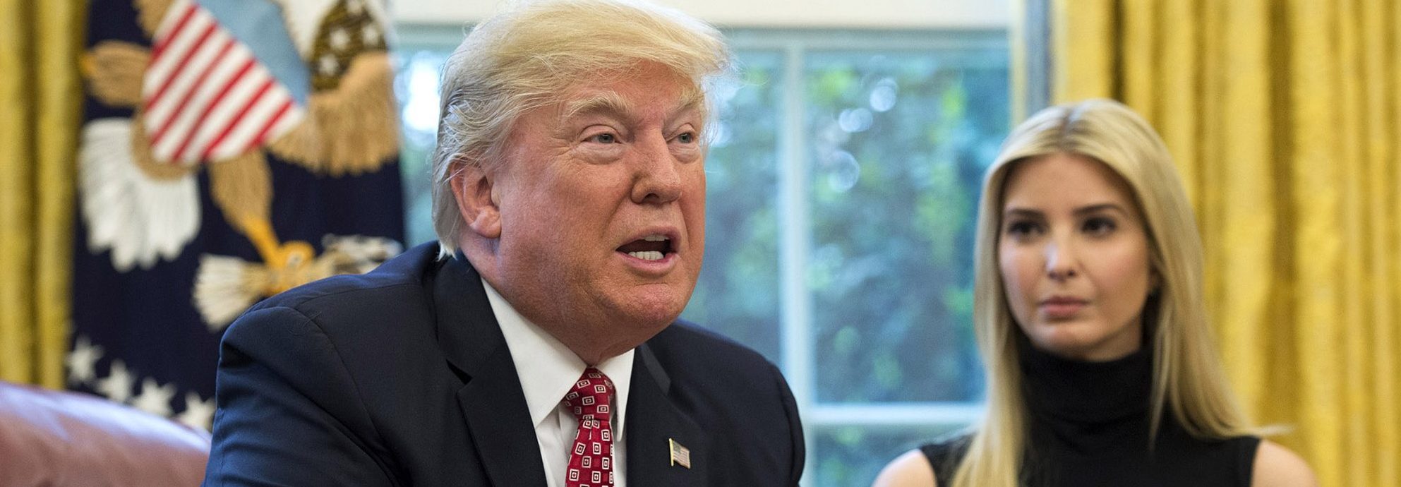 U.S. President Donald Trump speaks along with his daughter Ivanka Trump (R) and NASA Astronaut Kate Rubins (not seen), during a video conference with NASA astronauts aboard the International Space Station in the Oval Office at the White House April 24, 2017 in Washington, DC. (Photo by Molly Riley-Pool/Getty Images)