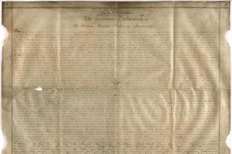 Undated handout photo of a parchment manuscript of the U.S. Declaration of Independence, believed to date from the 1780s and was found in a records office in Chichester, southern England. (West Sussex Record Office Add Mss 898)