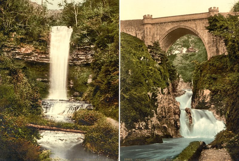 Left: Glencar Fall. County Sligo; Right: Poulaphuca Fall. County Wicklow (Library of Congress)