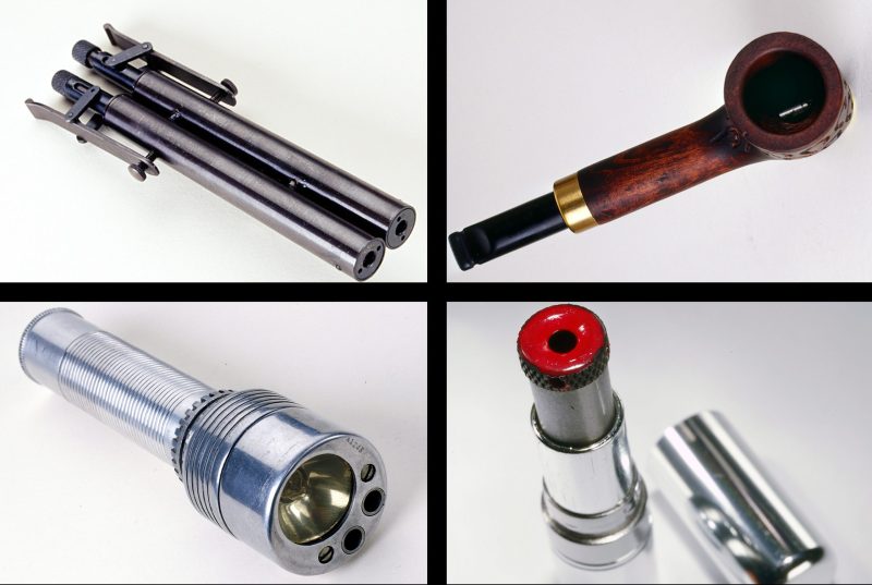 Clockwise, from top left: Poison gas gun used for KGB assassinations, a gun concealed in a tobacco pipe, a gun concealed in a tube of lipstick, and a flashlight gun. (Courtesy of the International Spy Museum)