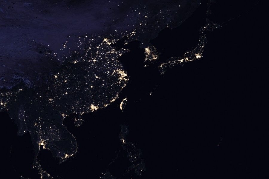 Composite image of East Asia at night, 2016. (NASA Earth Observatory images by Joshua Stevens, using Suomi NPP VIIRS data from Miguel Román, NASA's Goddard Space Flight Center)